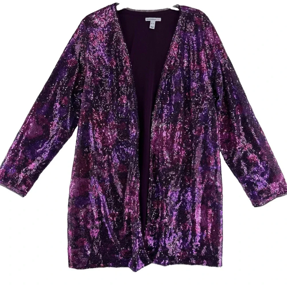 Isaac Mizrahi Live! Long Sleeve Sequin Cardigan Sweater Top Size XL Purple